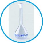 Volumetric flasks, borosilicate glass 3.3, class A, blue graduated, with PP stoppers