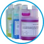 LLG-pH buffer solutions with colour coding in twin-neck dispensing bottles