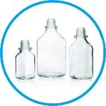 Narrow-mouth square bottles, soda-lime glass, with screw cap